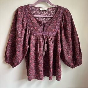 Lucky Brand Blouse Pullover Smocked Ditsy Floral Split Neck 3/4 Boho Milkmaid